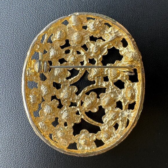 VTG Oval Brooch Pin 1.5" Floral Clear Rhinestone Yellow‎ Gold Plated Filigree - Picture 2 of 7